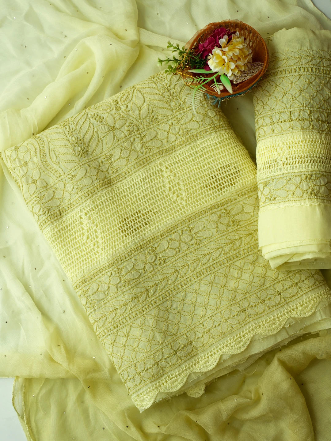 Ada Hand Embroidered Key Lime Cotton Lucknowi Chikankari Unstitched Suit Piece 01A692446