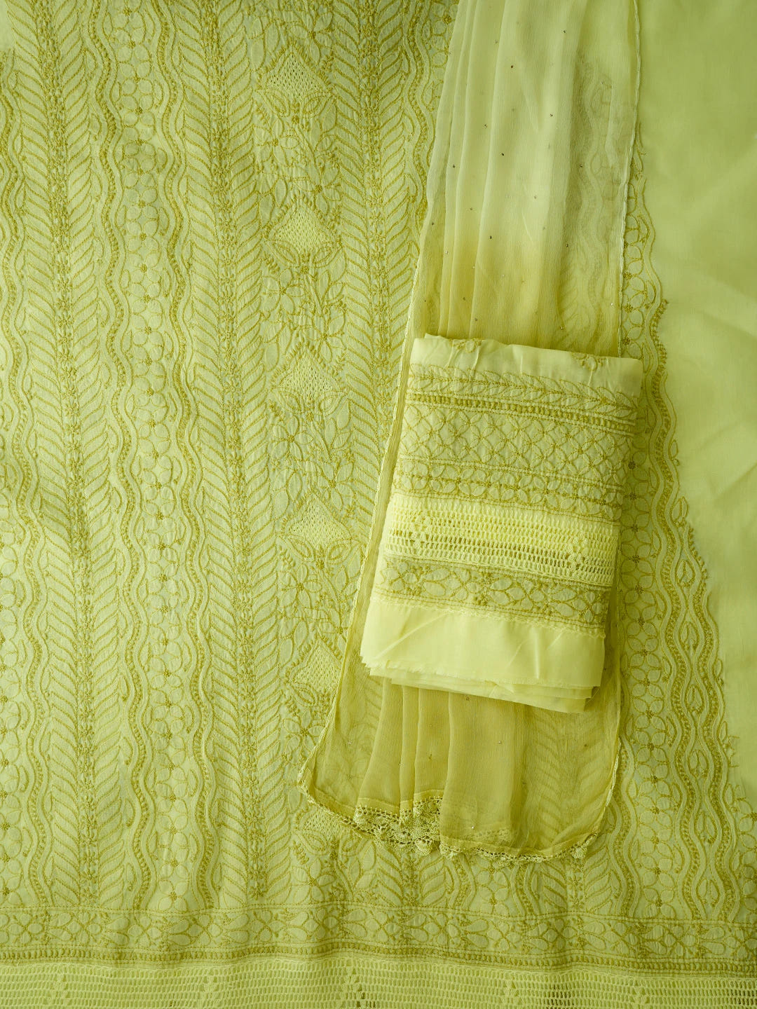 Ada Hand Embroidered Key Lime Cotton Lucknowi Chikankari Unstitched Suit Piece 01A692446