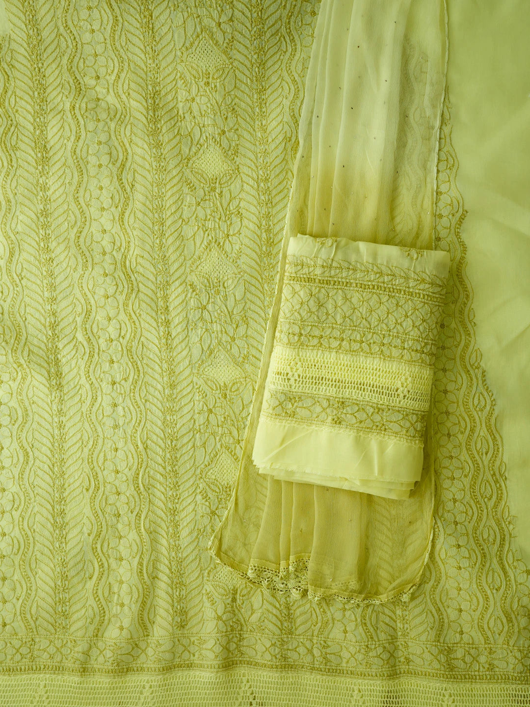 Ada Hand Embroidered Key Lime Cotton Lucknowi Chikankari Unstitched Suit Piece 01A692446