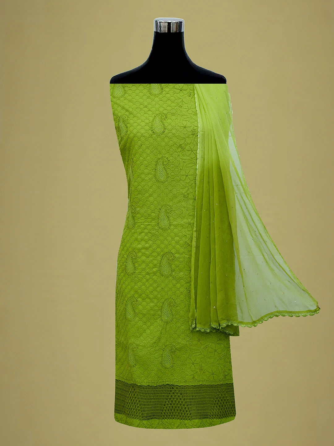 Ada Hand Embroidered Apple Green Cotton Lucknowi Chikankari Unstitched Suit Piece With Muqaish Work 01A692451