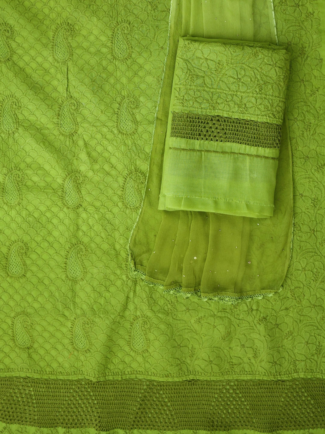 Ada Hand Embroidered Apple Green Cotton Lucknowi Chikankari Unstitched Suit Piece With Muqaish Work 01A692451