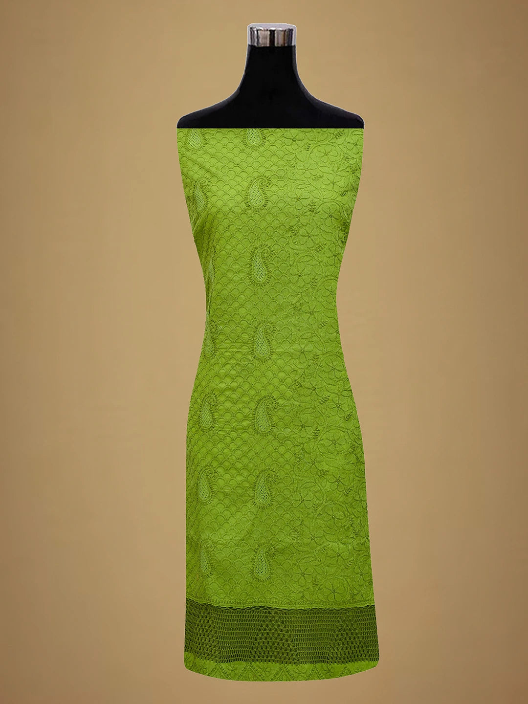 Ada Hand Embroidered Apple Green Cotton Lucknowi Chikankari Unstitched Suit Piece With Muqaish Work 01A692451