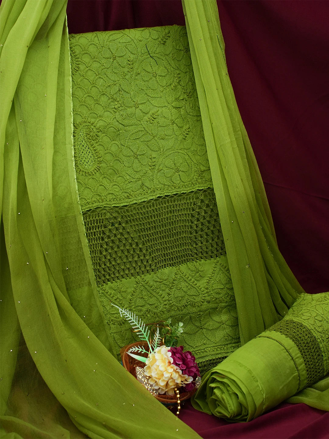Ada Hand Embroidered Apple Green Cotton Lucknowi Chikankari Unstitched Suit Piece With Muqaish Work 01A692451