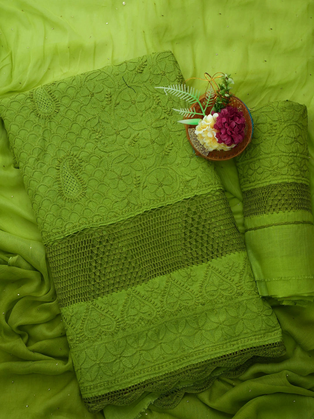 Ada Hand Embroidered Apple Green Cotton Lucknowi Chikankari Unstitched Suit Piece With Muqaish Work 01A692451