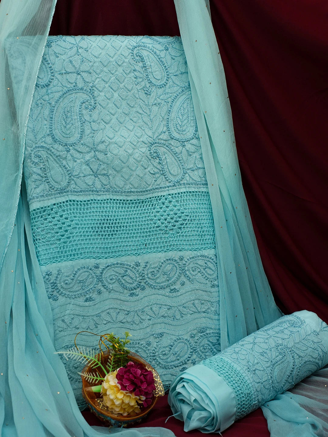 Ada Hand Embroidered Ice Blue Cotton Lucknowi Chikankari Unstitched Suit Piece With Muqaish Work 01A692437