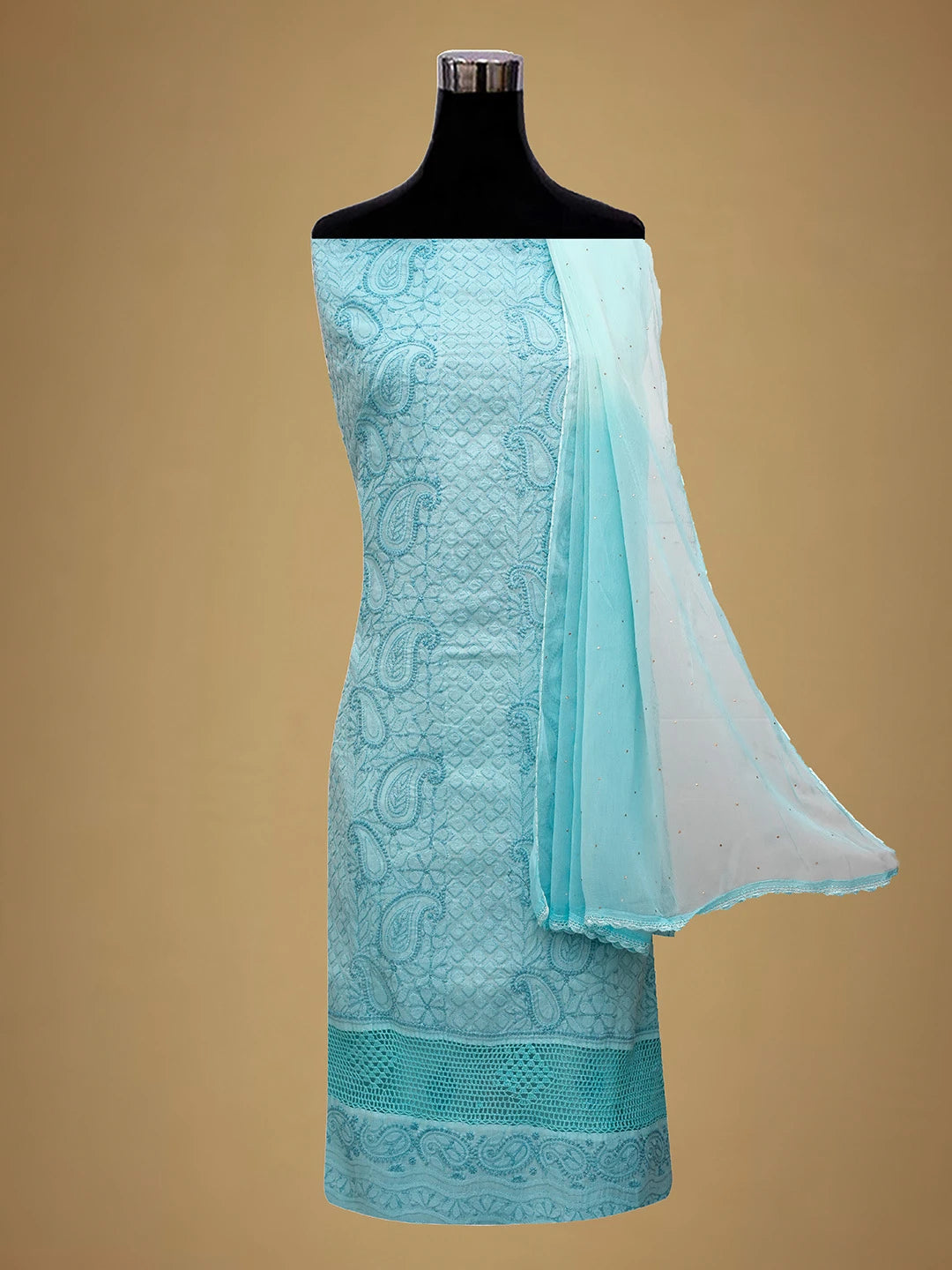 Ada Hand Embroidered Ice Blue Cotton Lucknowi Chikankari Unstitched Suit Piece With Muqaish Work 01A692437