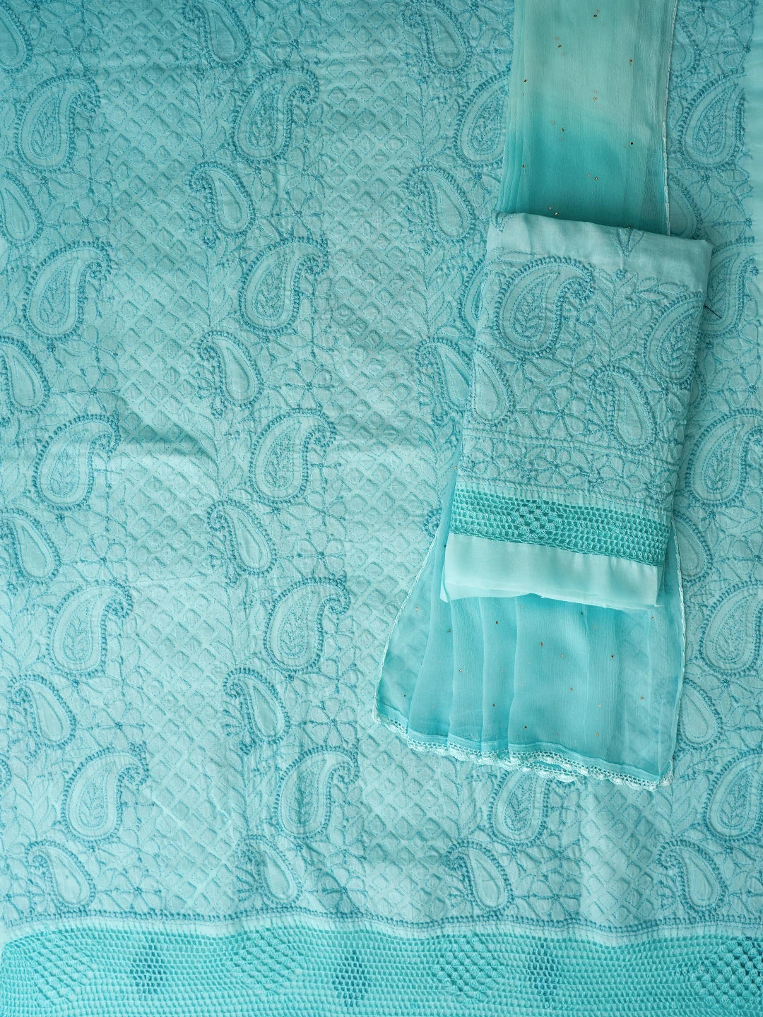 Ada Hand Embroidered Ice Blue Cotton Lucknowi Chikankari Unstitched Suit Piece With Muqaish Work 01A692437
