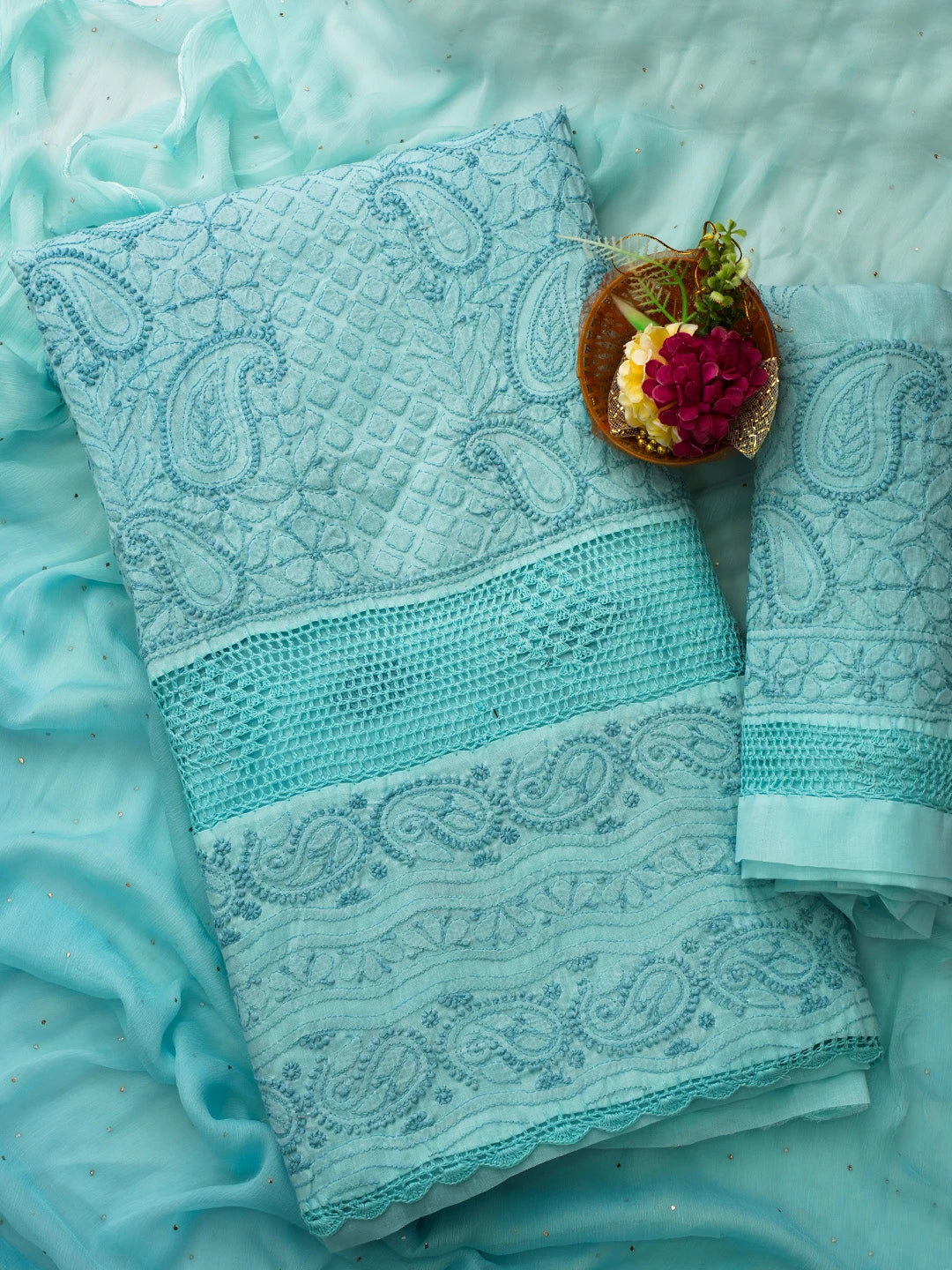 Ada Hand Embroidered Ice Blue Cotton Lucknowi Chikankari Unstitched Suit Piece With Muqaish Work 01A692437
