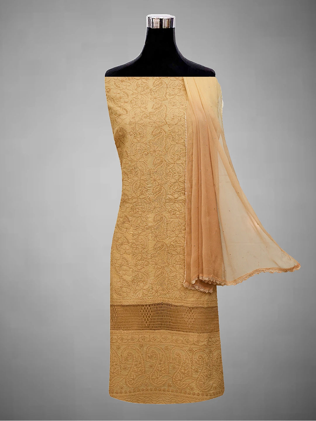 Ada Hand Embroidered Fawn Cotton Lucknowi Chikankari Unstitched Suit Piece 01A692456