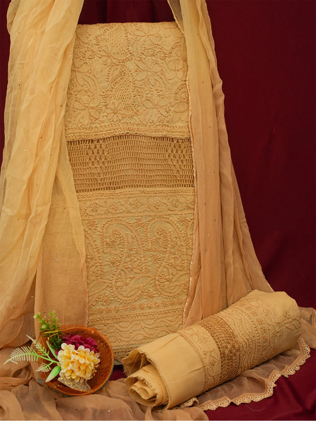 Ada Hand Embroidered Fawn Cotton Lucknowi Chikankari Unstitched Suit Piece 01A692456