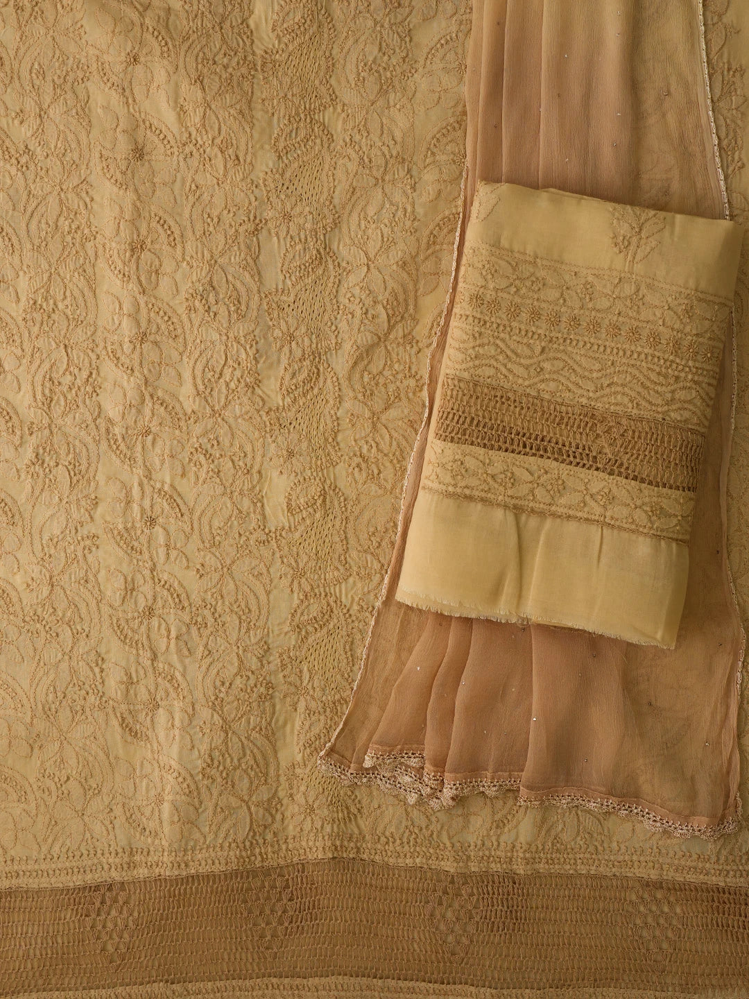 Ada Hand Embroidered Fawn Cotton Lucknowi Chikankari Unstitched Suit Piece 01A692456