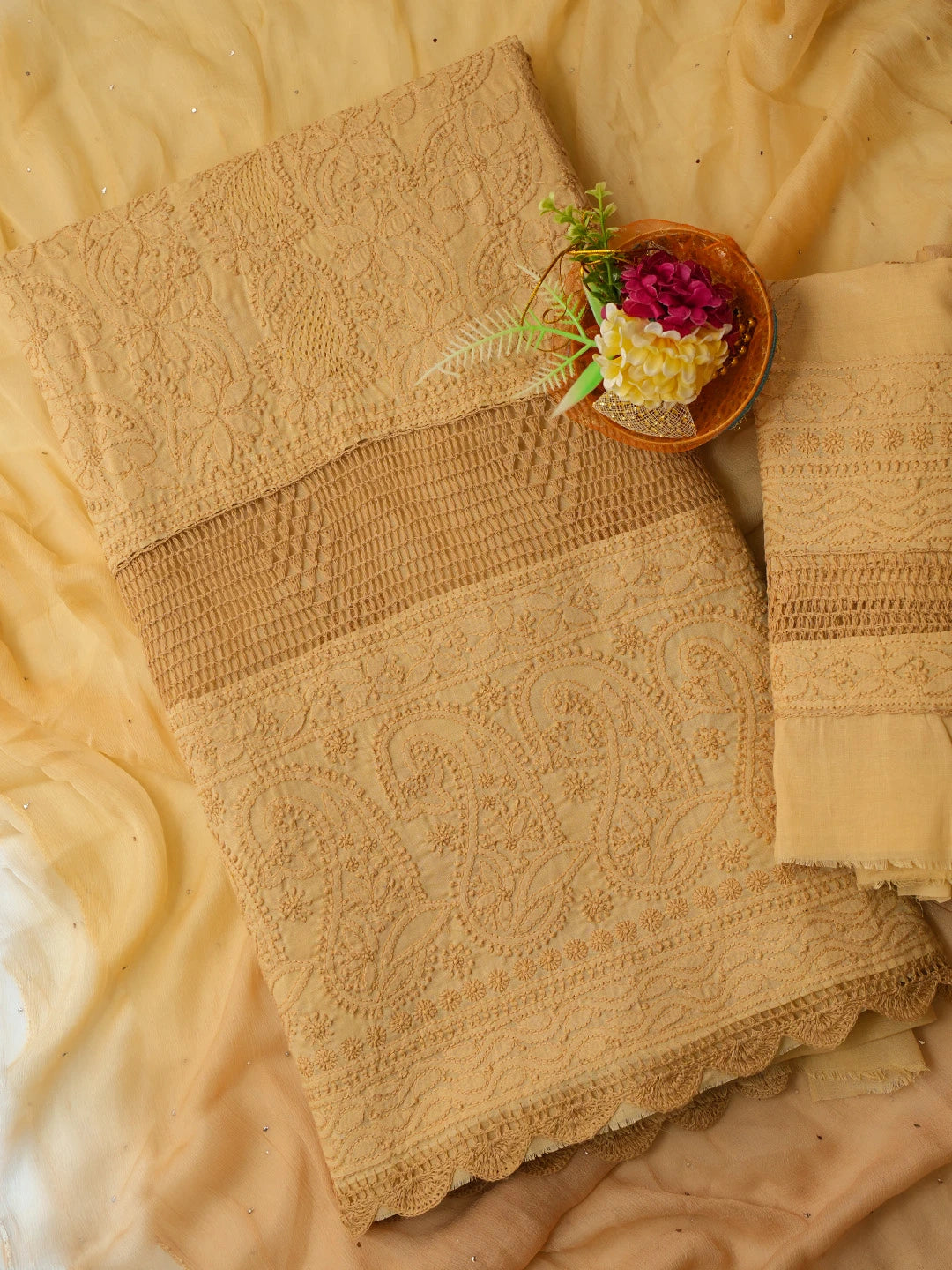 Ada Hand Embroidered Fawn Cotton Lucknowi Chikankari Unstitched Suit Piece 01A692456