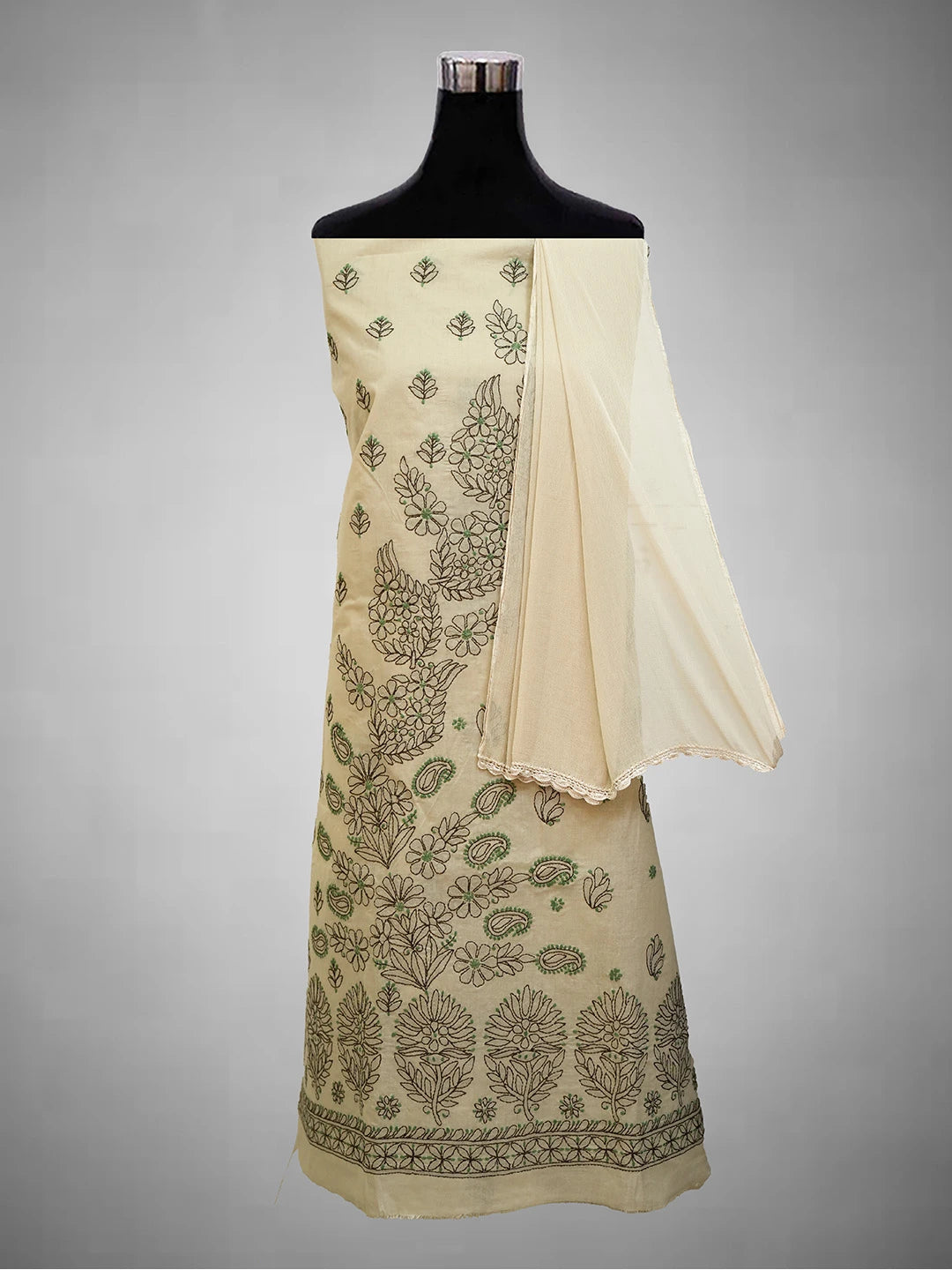 Ada Hand Embroidered Fawn Cotton Lucknowi Chikankari Unstitched Suit Piece 01A690732