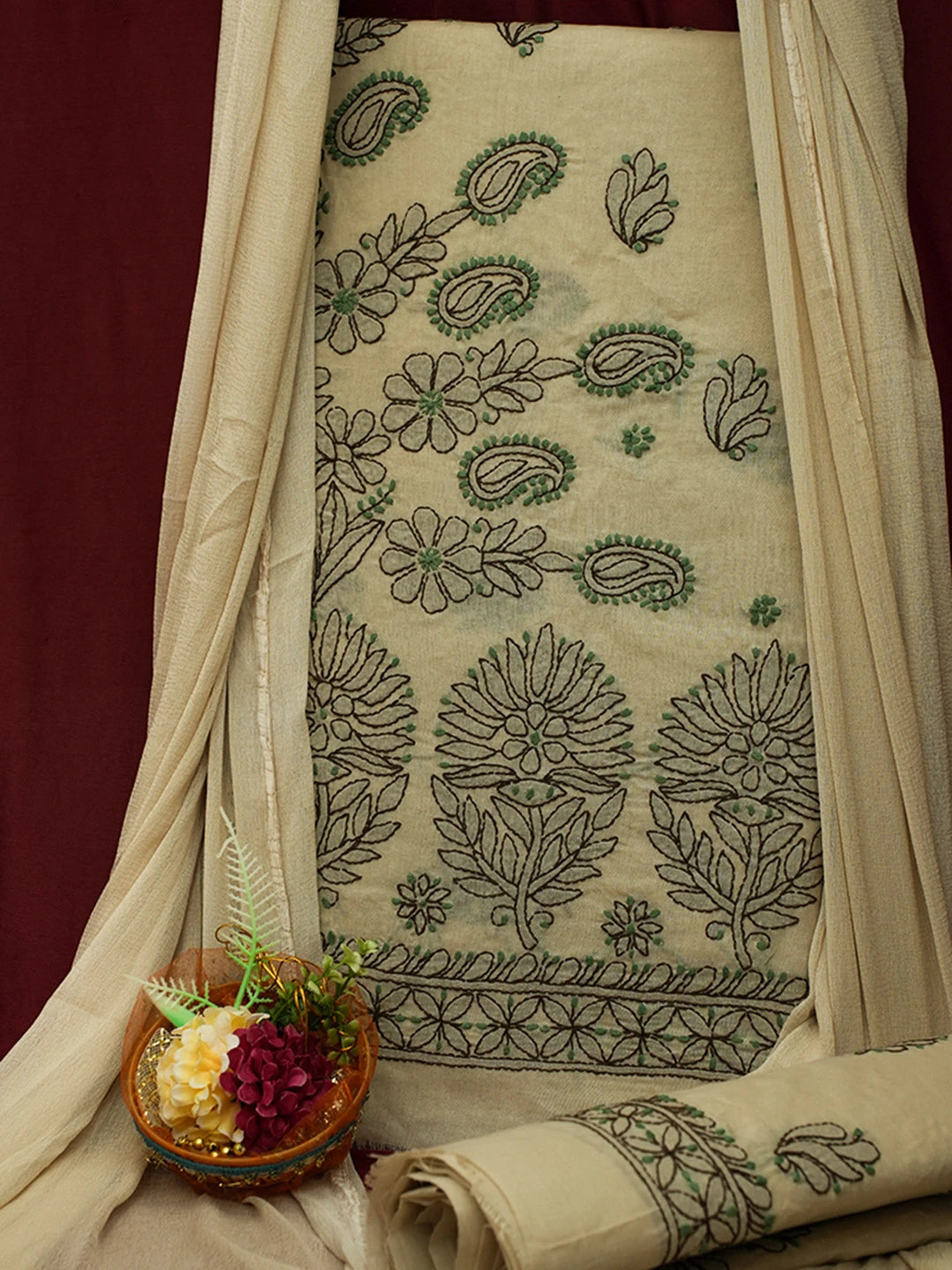 Ada Hand Embroidered Fawn Cotton Lucknowi Chikankari Unstitched Suit Piece 01A690732
