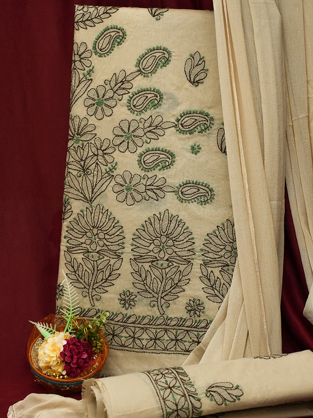 Ada Hand Embroidered Fawn Cotton Lucknowi Chikankari Unstitched Suit Piece 01A690732