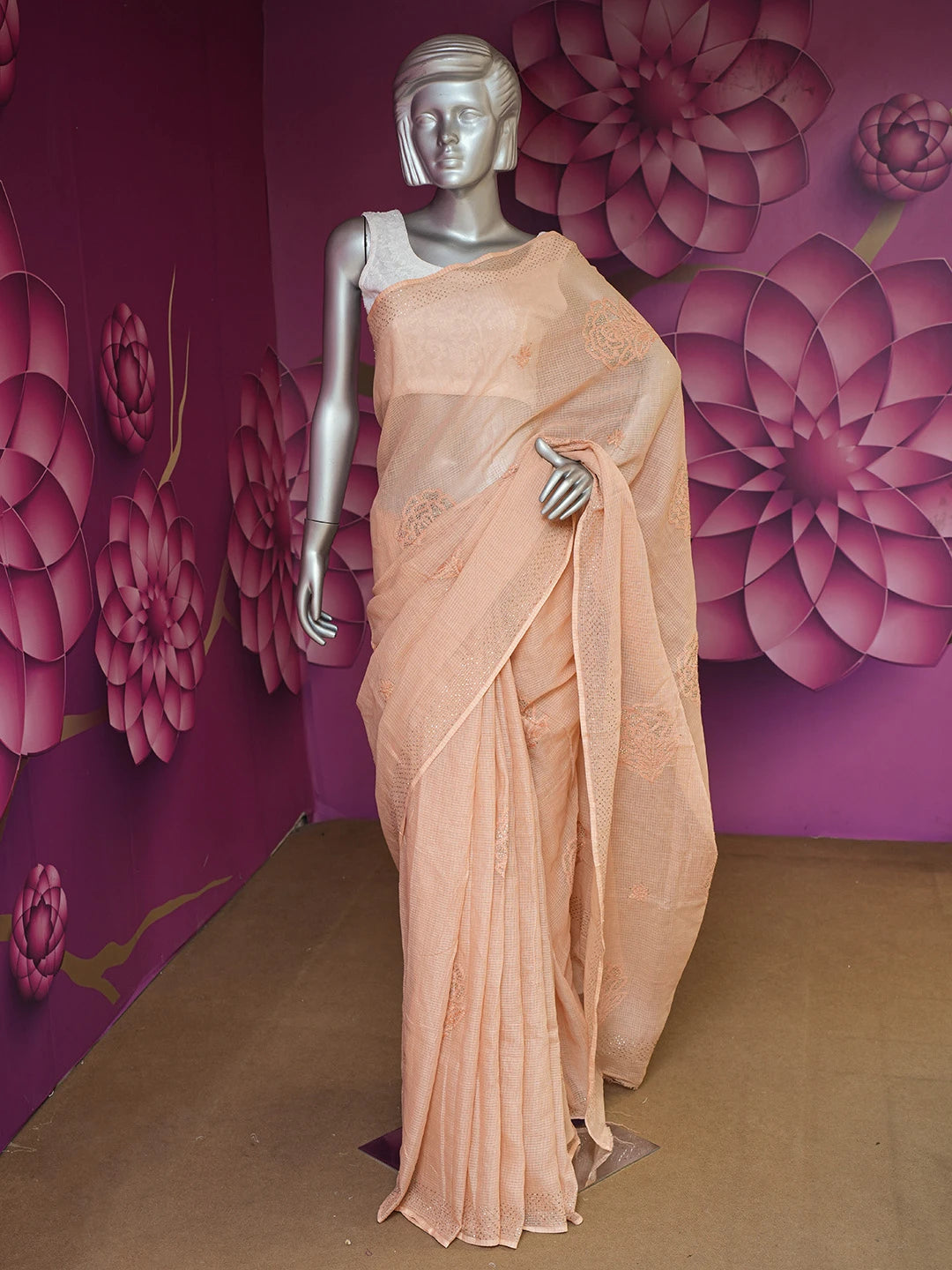 Ada Hand Embroidered Light Salmon Peach Kota Lucknowi Chikankari Saree and Blouse With Muqaish Work 01A653380