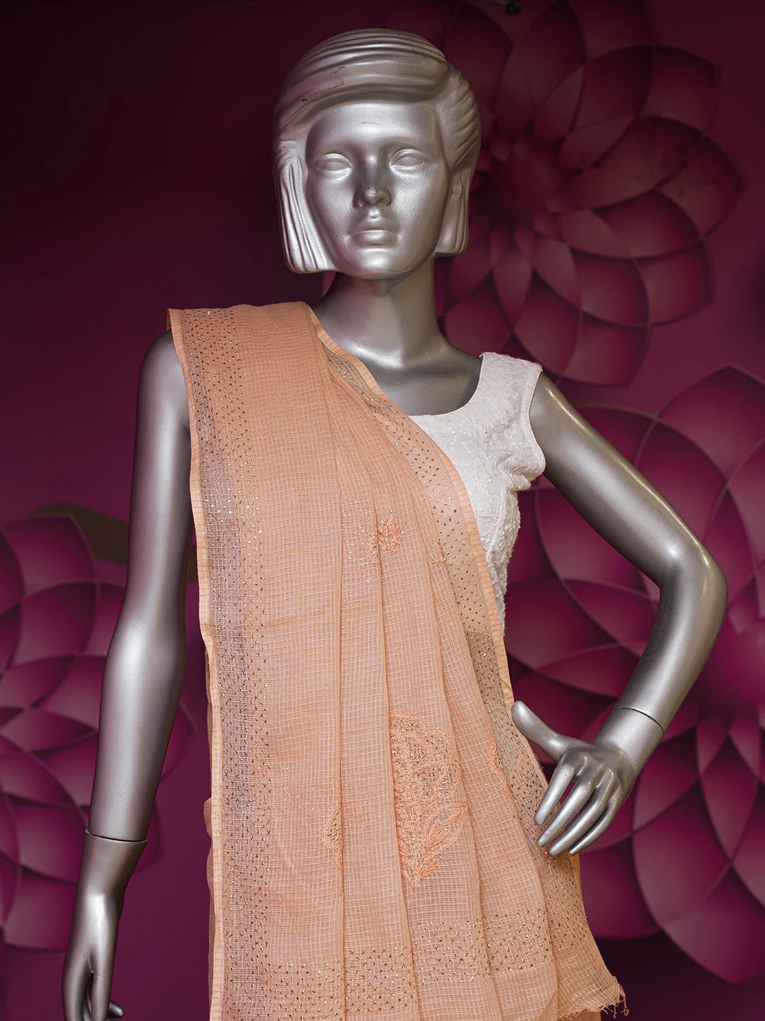Ada Hand Embroidered Light Salmon Peach Kota Lucknowi Chikankari Saree and Blouse With Muqaish Work 01A653380