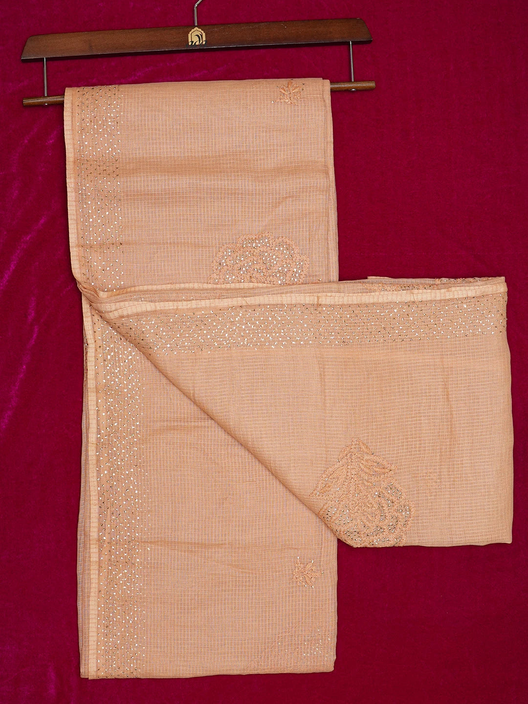 Ada Hand Embroidered Light Salmon Peach Kota Lucknowi Chikankari Saree and Blouse With Muqaish Work 01A653380