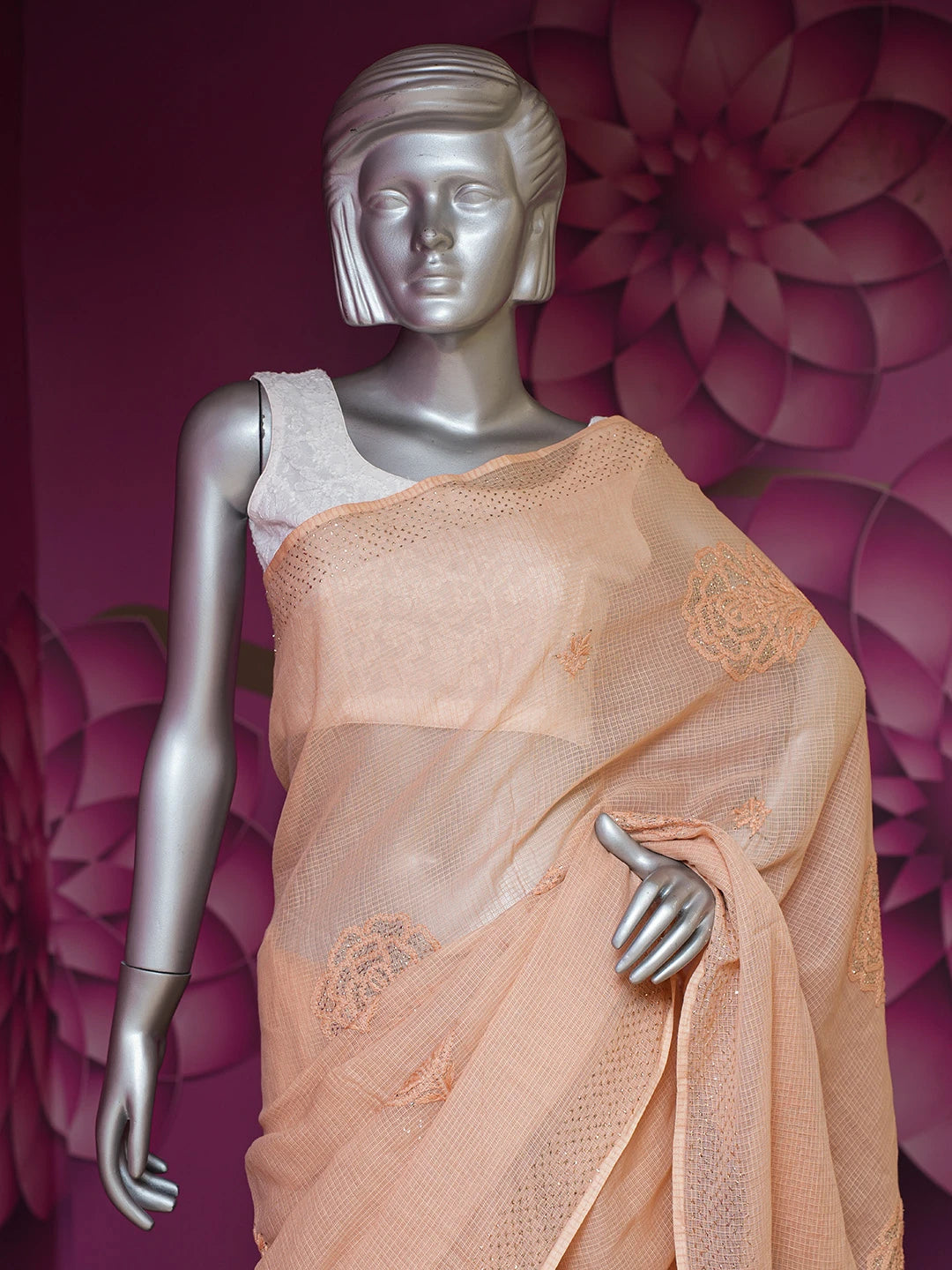 Ada Hand Embroidered Light Salmon Peach Kota Lucknowi Chikankari Saree and Blouse With Muqaish Work 01A653380
