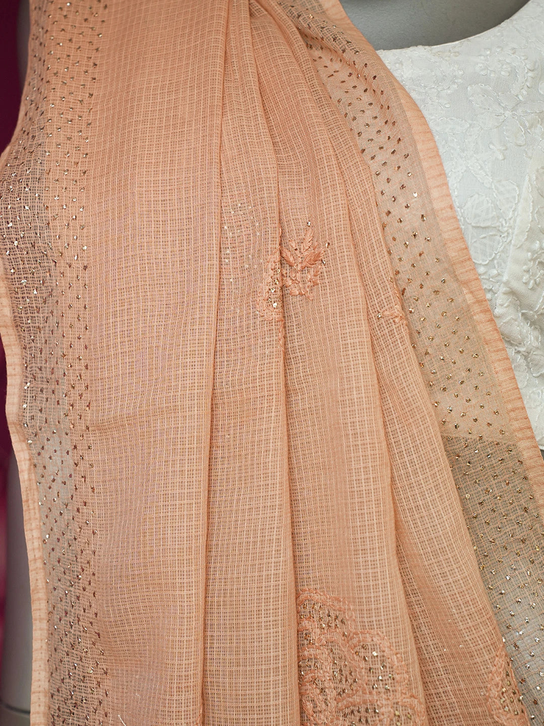 Ada Hand Embroidered Light Salmon Peach Kota Lucknowi Chikankari Saree and Blouse With Muqaish Work 01A653380