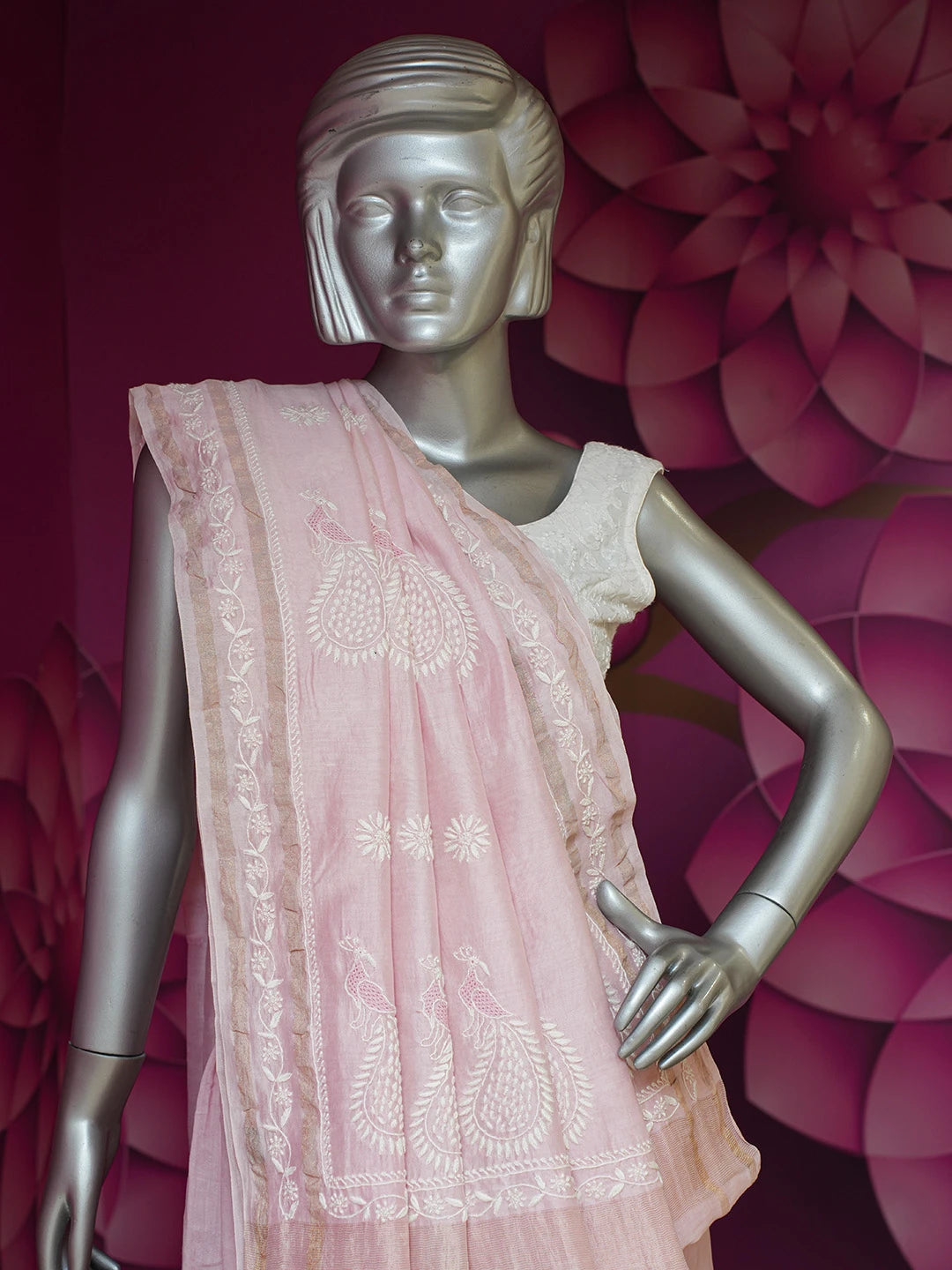 Ada Hand Embroidered Pink Chanderi Lucknowi Chikankari Saree With Blouse 01A664765