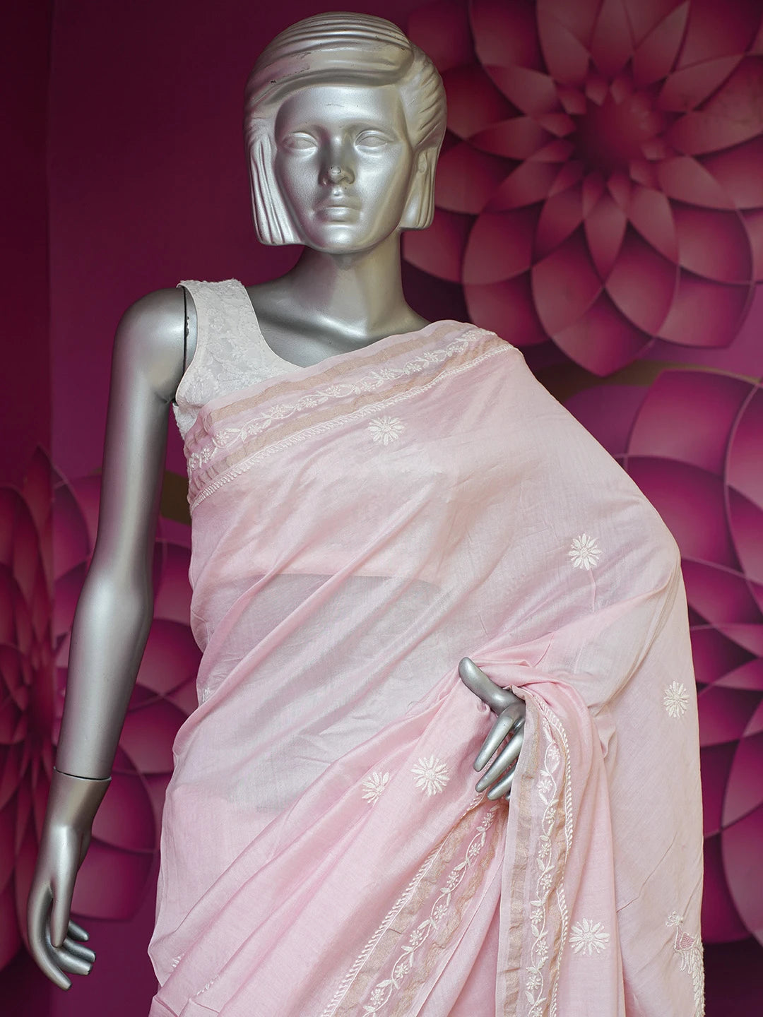 Ada Hand Embroidered Pink Chanderi Lucknowi Chikankari Saree With Blouse 01A664765