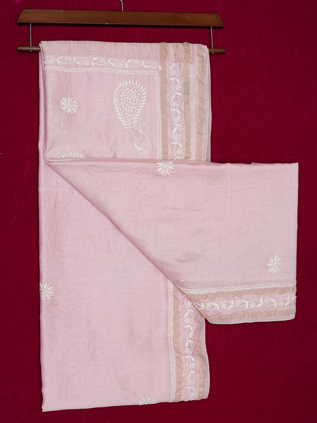 Ada Hand Embroidered Pink Chanderi Lucknowi Chikankari Saree With Blouse 01A664765