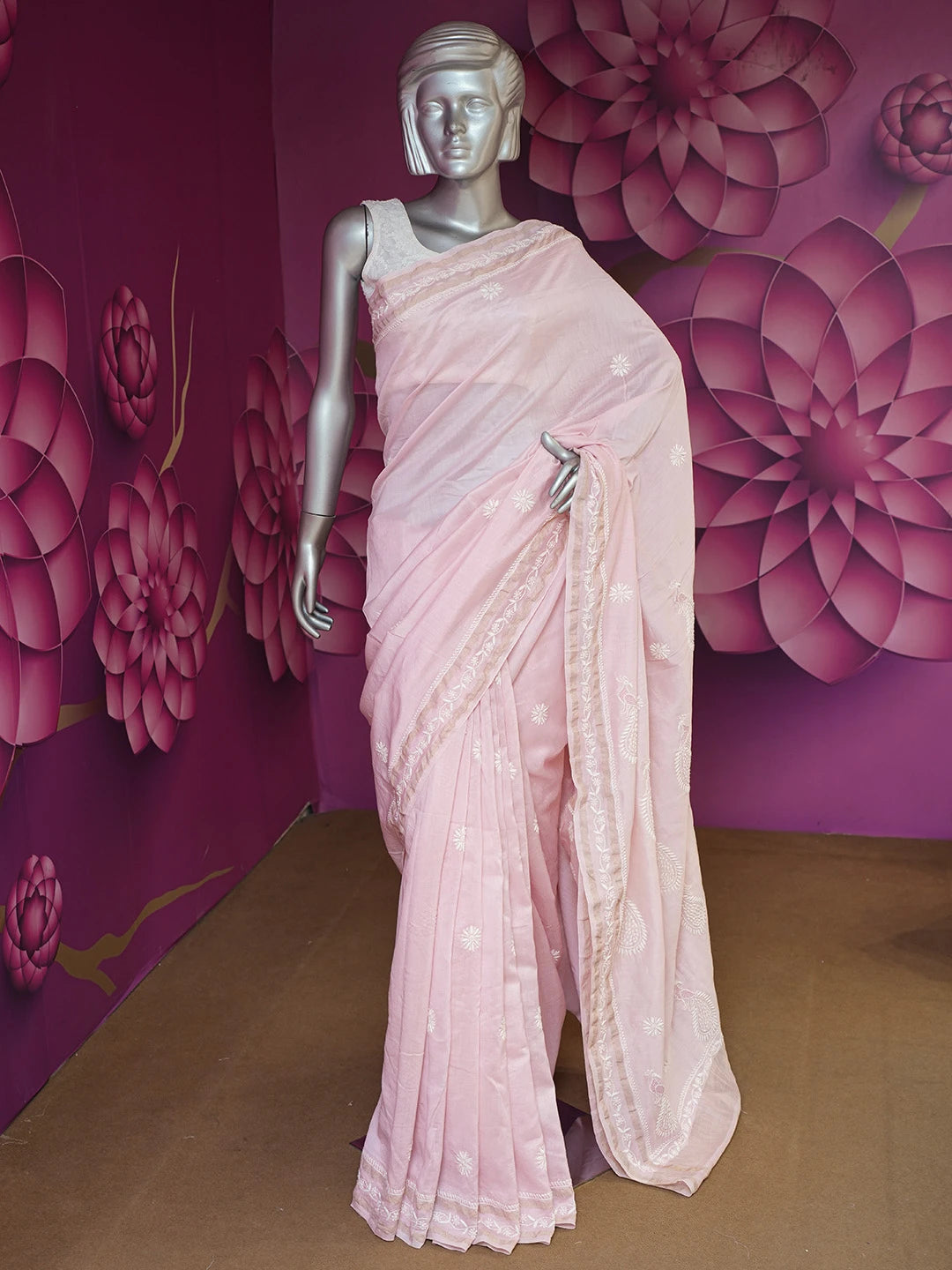 Ada Hand Embroidered Pink Chanderi Lucknowi Chikankari Saree With Blouse 01A664765