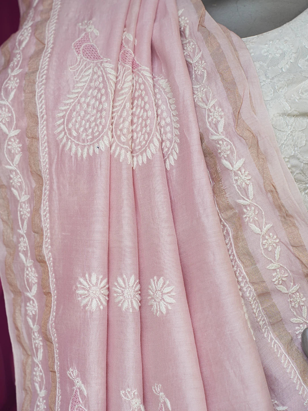 Ada Hand Embroidered Pink Chanderi Lucknowi Chikankari Saree With Blouse 01A664765
