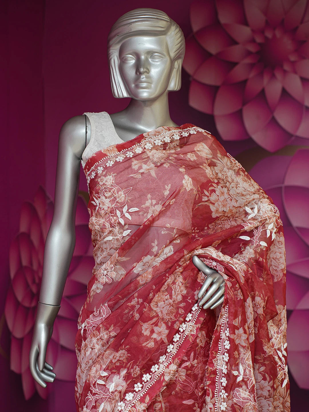 Ada Hand Embroidered Red Organza Floral Printed Lucknowi Chikankari Saree and Blouse 01A696934