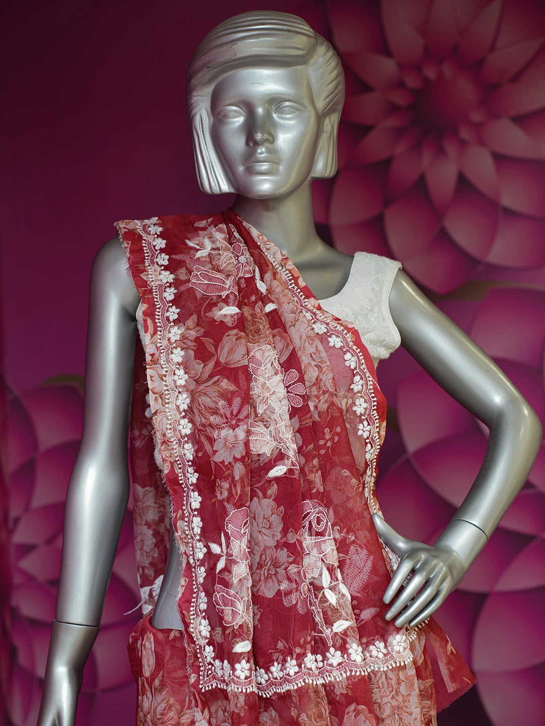 Ada Hand Embroidered Red Organza Floral Printed Lucknowi Chikankari Saree and Blouse 01A696934