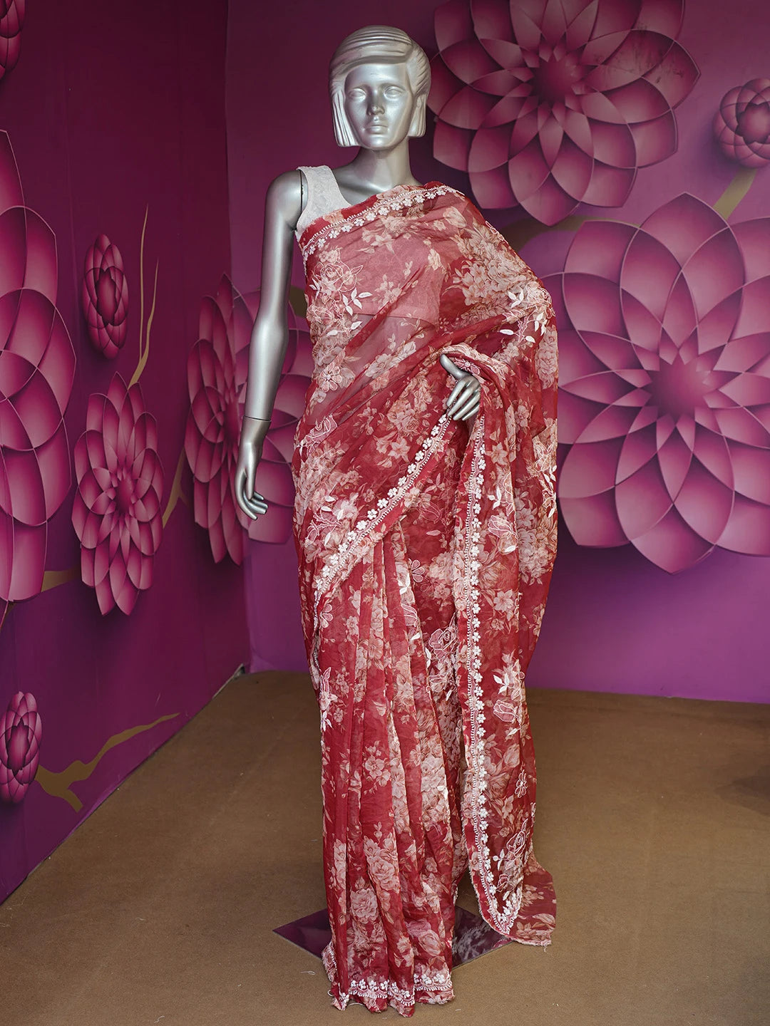 Ada Hand Embroidered Red Organza Floral Printed Lucknowi Chikankari Saree and Blouse 01A696934