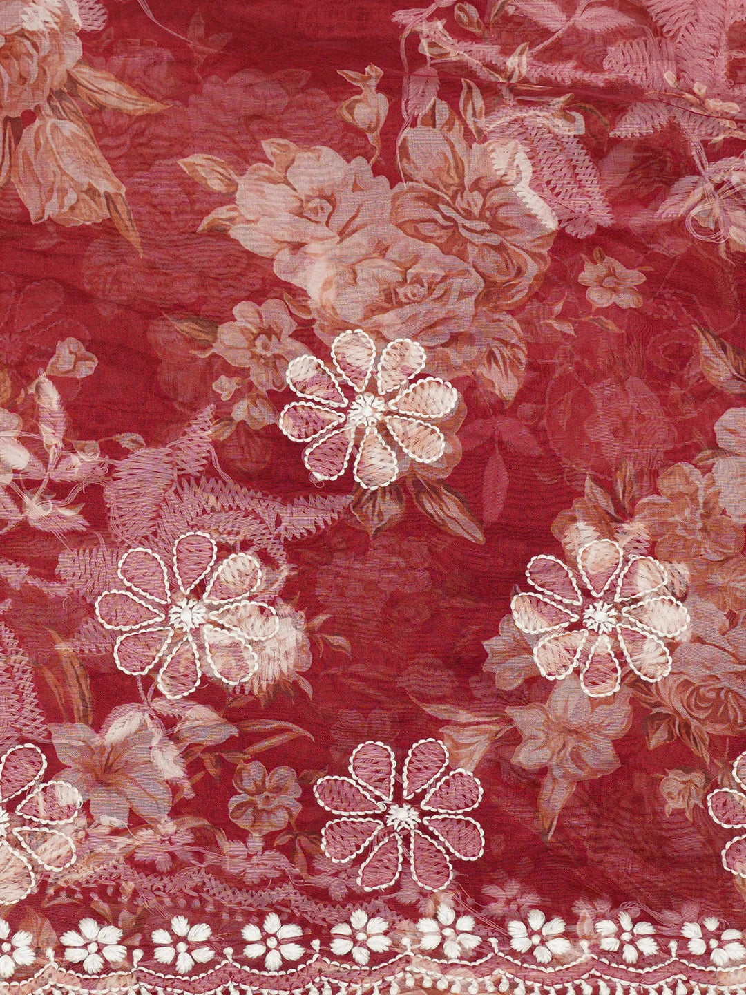 Ada Hand Embroidered Red Organza Floral Printed Lucknowi Chikankari Saree and Blouse 01A696934