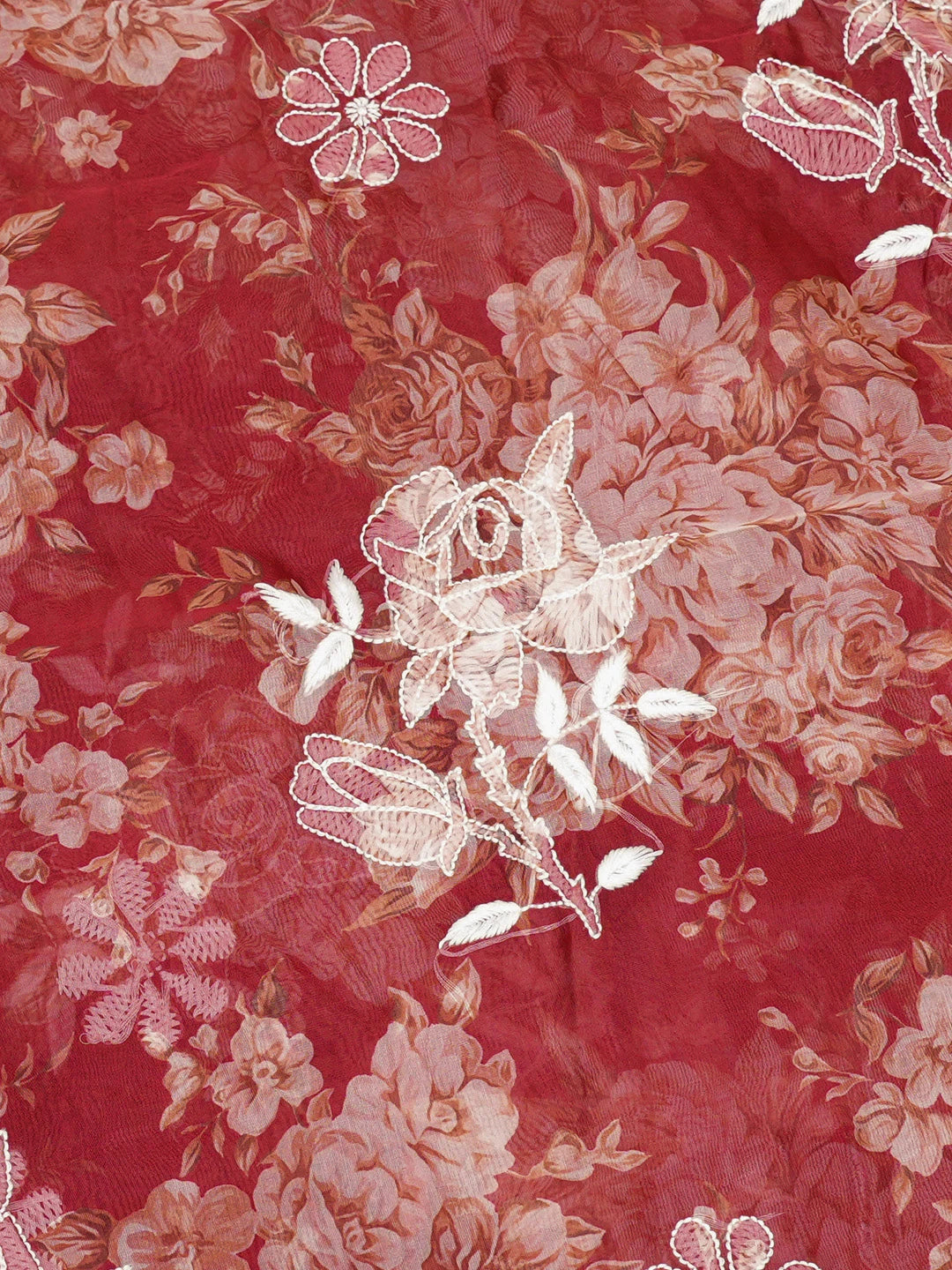 Ada Hand Embroidered Red Organza Floral Printed Lucknowi Chikankari Saree and Blouse 01A696934