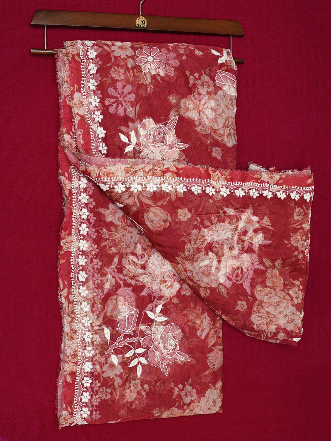 Ada Hand Embroidered Red Organza Floral Printed Lucknowi Chikankari Saree and Blouse 01A696934