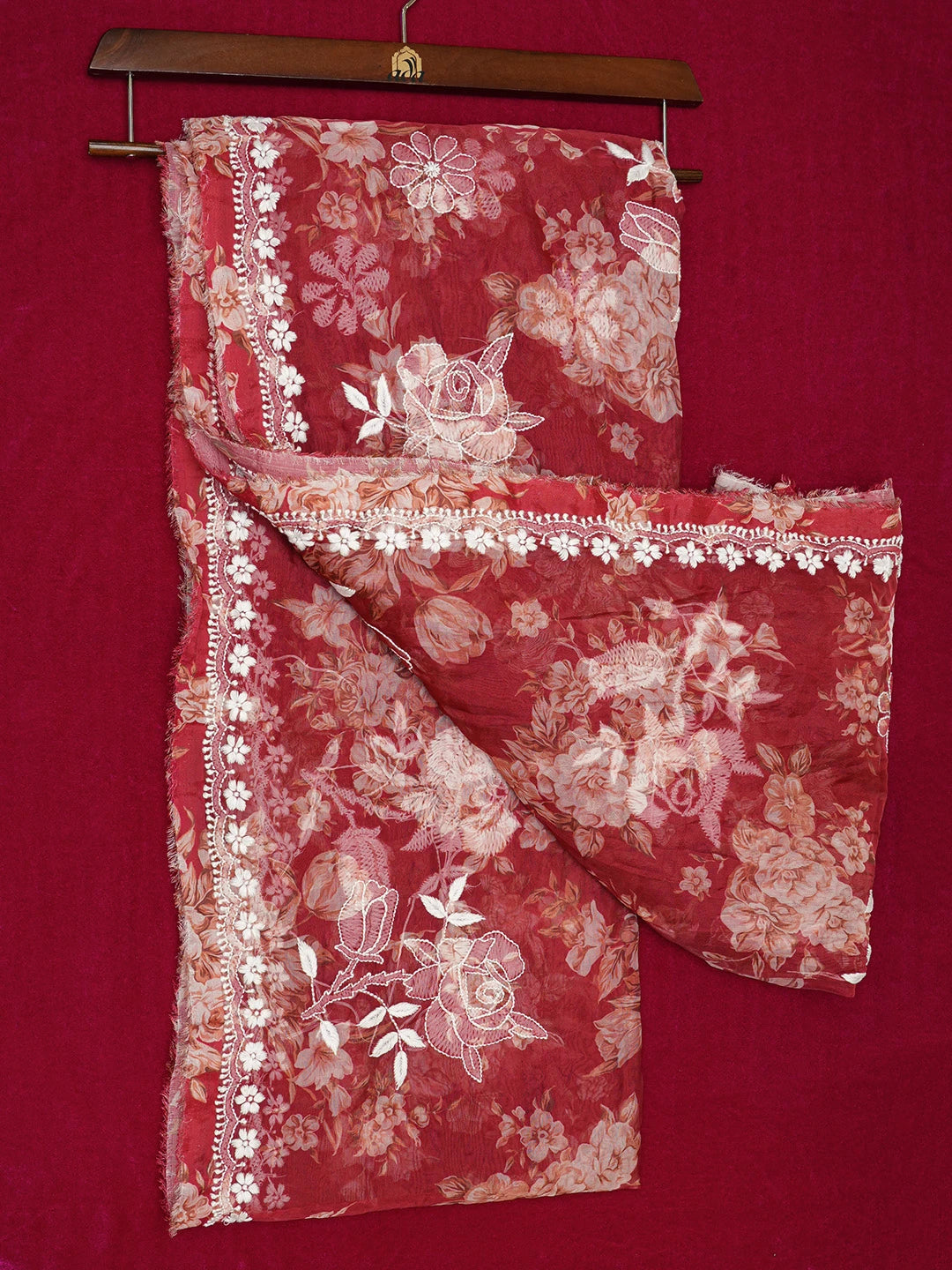 Ada Hand Embroidered Red Organza Floral Printed Lucknowi Chikankari Saree and Blouse 01A696934