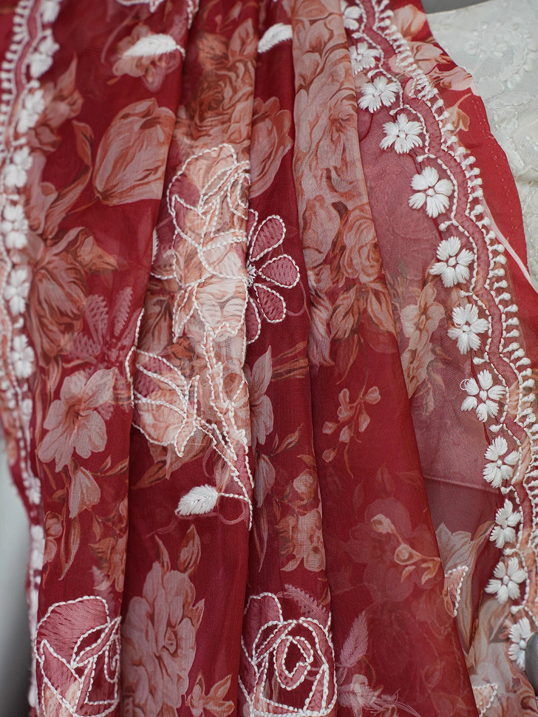 Ada Hand Embroidered Red Organza Floral Printed Lucknowi Chikankari Saree and Blouse 01A696934