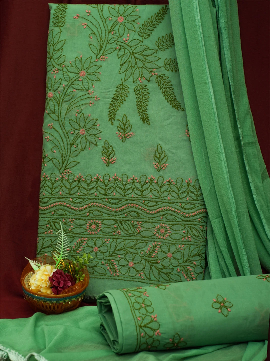Ada Hand Embroidered Green Cotton Lucknowi Chikankari Unstitched Suit Piece 01A690751