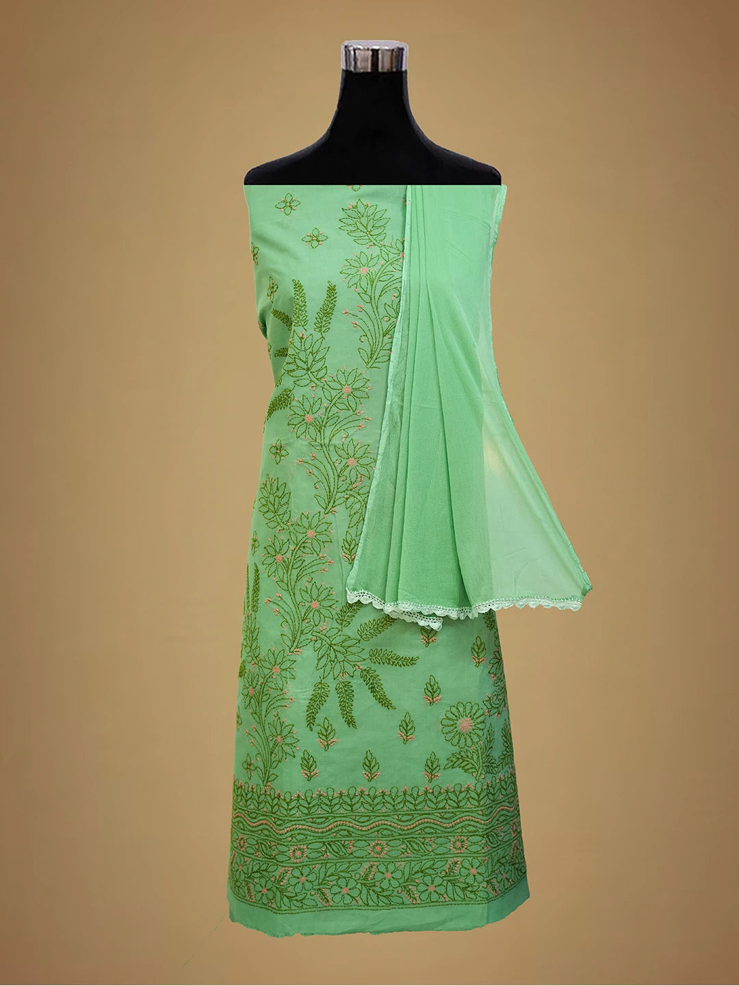 Ada Hand Embroidered Green Cotton Lucknowi Chikankari Unstitched Suit Piece 01A690751