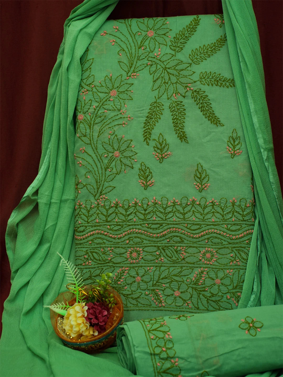 Ada Hand Embroidered Green Cotton Lucknowi Chikankari Unstitched Suit Piece 01A690751