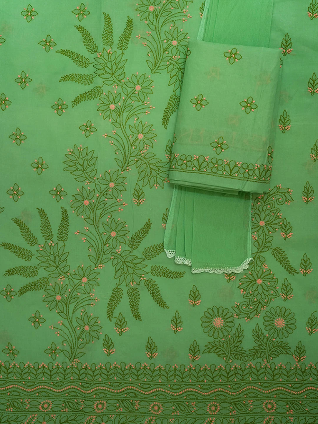 Ada Hand Embroidered Green Cotton Lucknowi Chikankari Unstitched Suit Piece 01A690751