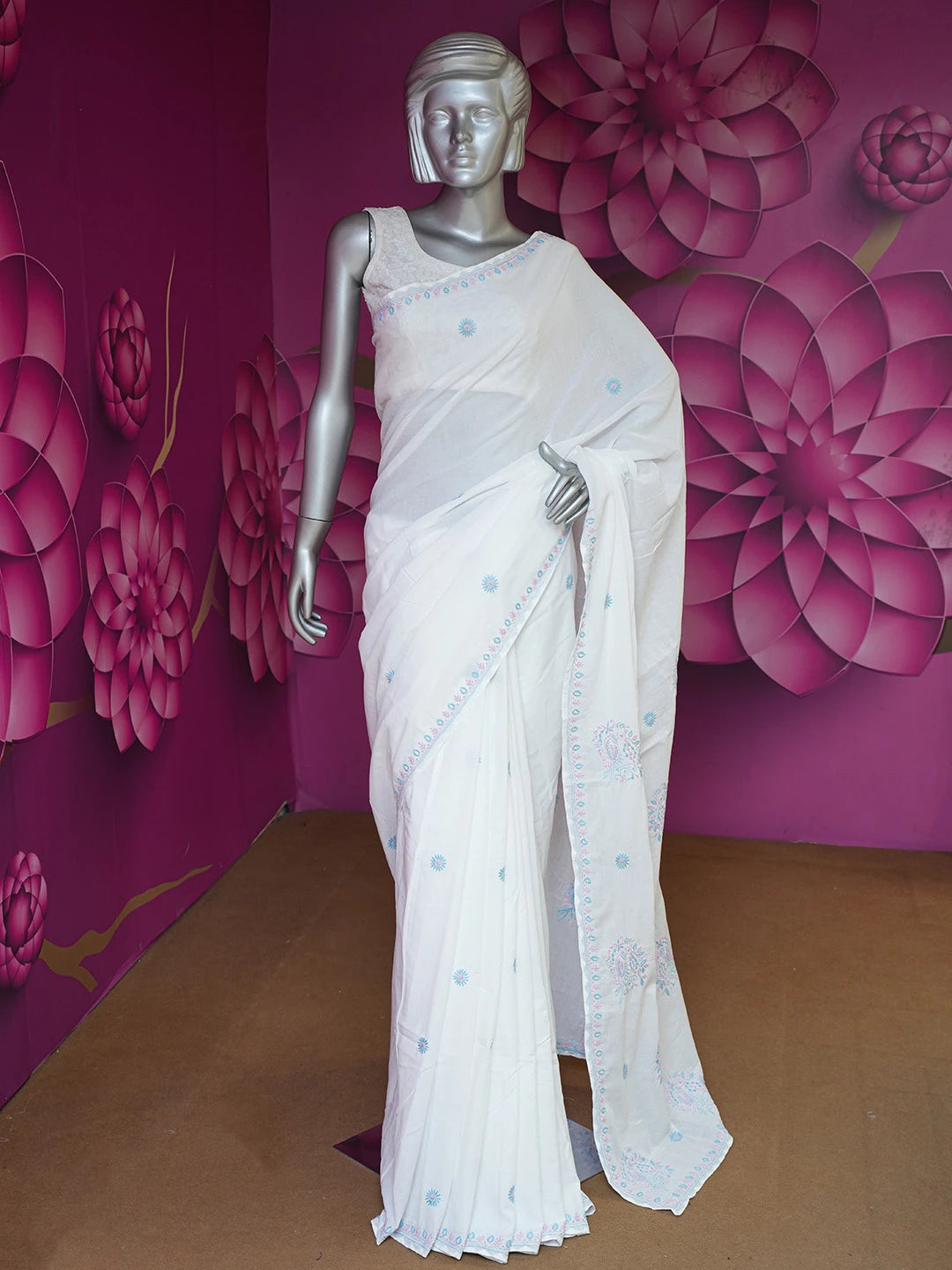 Ada Hand Embroidered White Cotton Lucknowi Chikankari Saree and Blouse 01A680827