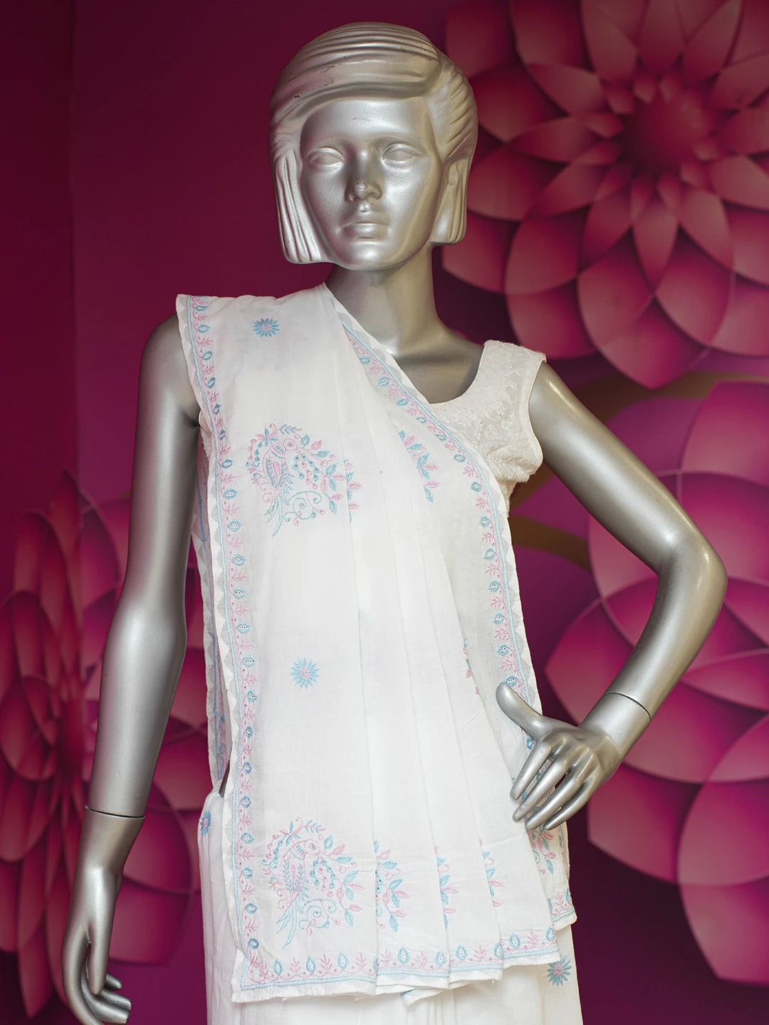 Ada Hand Embroidered White Cotton Lucknowi Chikankari Saree and Blouse 01A680827