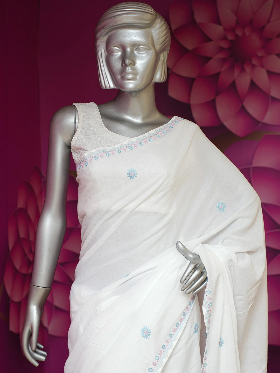 Ada Hand Embroidered White Cotton Lucknowi Chikankari Saree and Blouse 01A680827