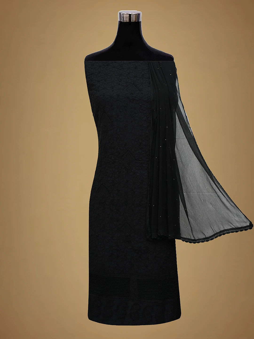 Ada Hand Embroidered Black Cotton Lucknowi Chikankari Unstitched Suit Piece With Muqaish Work 01A692434
