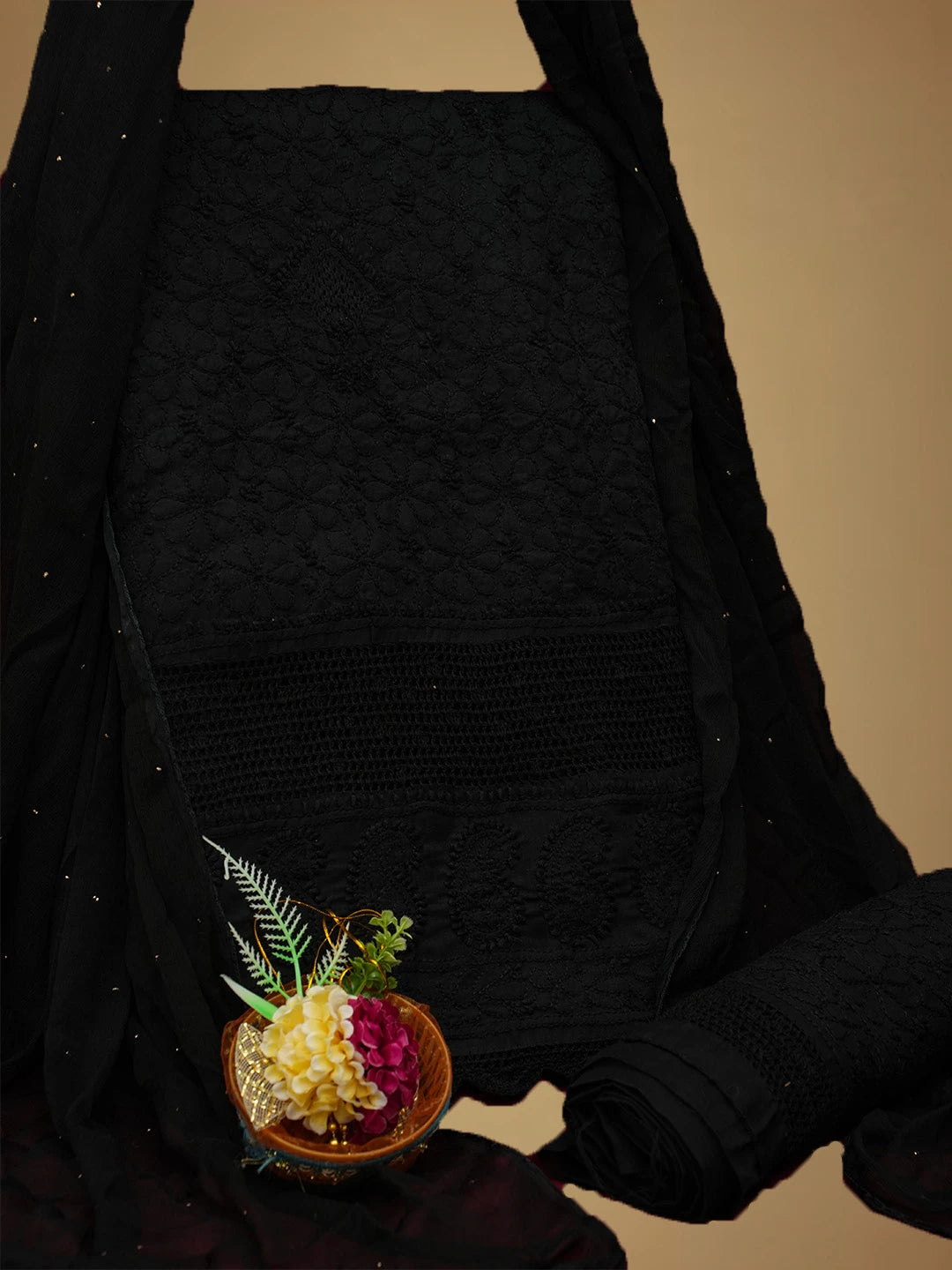 Ada Hand Embroidered Black Cotton Lucknowi Chikankari Unstitched Suit Piece With Muqaish Work 01A692434