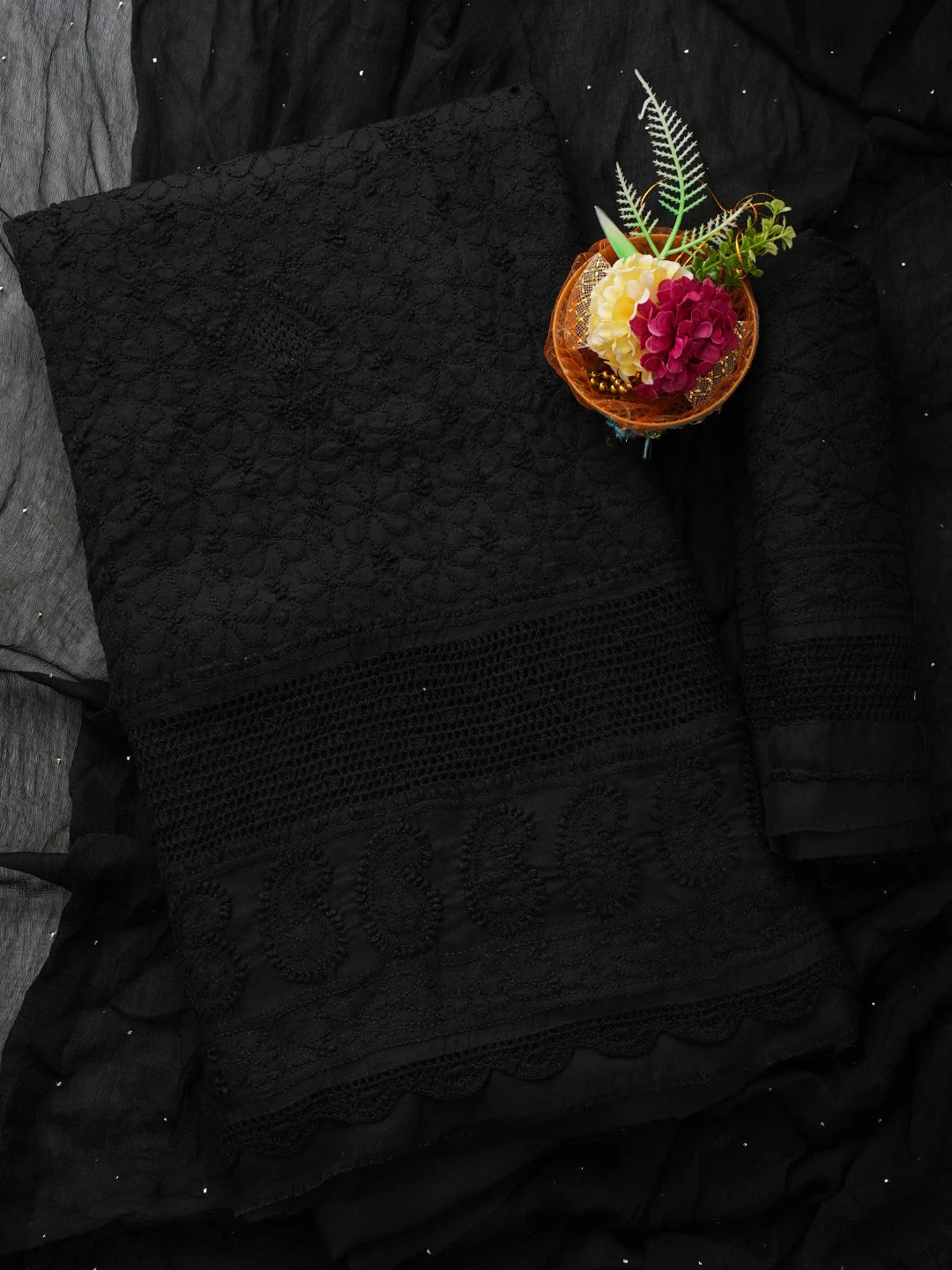 Ada Hand Embroidered Black Cotton Lucknowi Chikankari Unstitched Suit Piece With Muqaish Work 01A692434