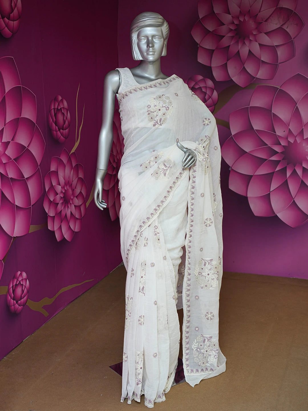 Ada Hand Embroidered Powder White Chanderi Lucknowi Chikankari Saree and Blouse 01A660583