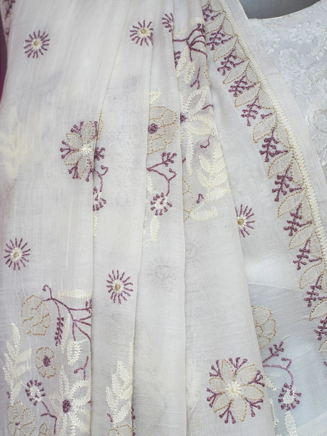 Ada Hand Embroidered Powder White Chanderi Lucknowi Chikankari Saree and Blouse 01A660583