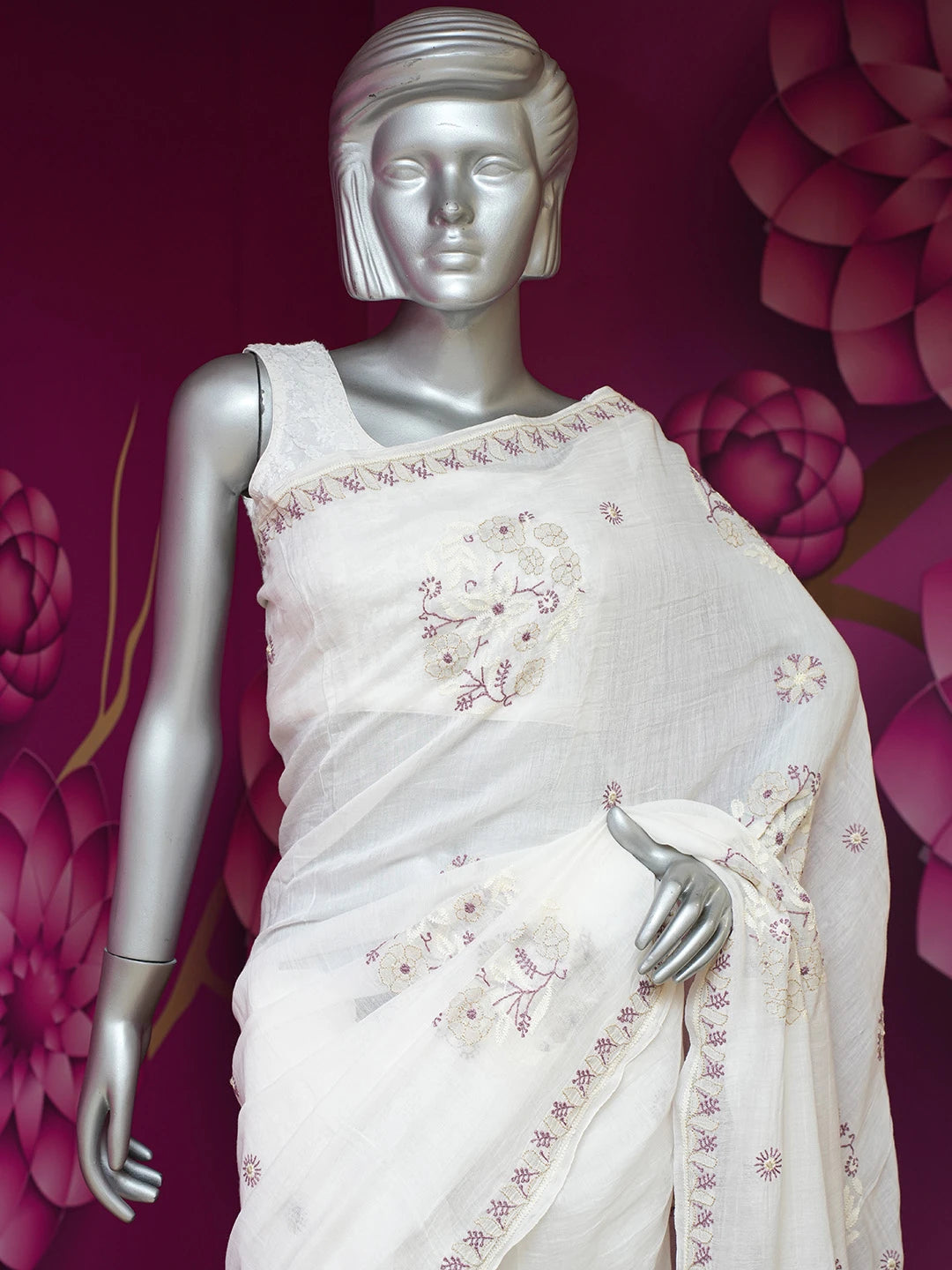 Ada Hand Embroidered Powder White Chanderi Lucknowi Chikankari Saree and Blouse 01A660583
